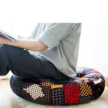 FAMIFIRST Meditation Yoga Floor Cushion Tufted Printed Thick Cotton Linen Square Solid Floor Pillow for Living Room Bedroom Balcony Office Outdoor, 23x23 Inch, Vintage Style