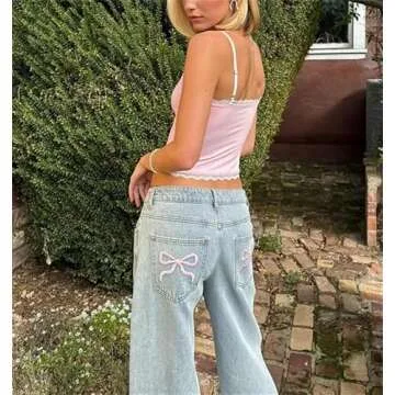 Indie Aesthetics Jeans for Women Gothic Punk Wide Leg Long Length Denim Pants Y2k Loose Casual Jeans Streetwear (Blue & Pink Bow, S)