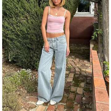 Indie Aesthetics Jeans for Women Gothic Punk Wide Leg Long Length Denim Pants Y2k Loose Casual Jeans Streetwear (Blue & Pink Bow, S)