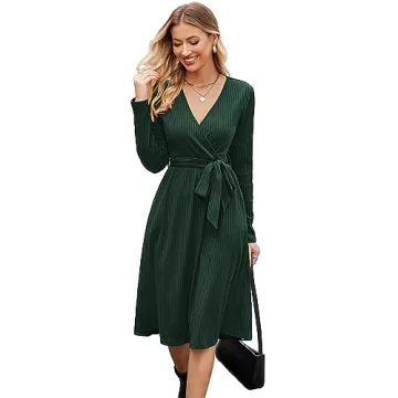 2024 Fall Women's V-Neck Ribbed Knit Sweater Dress with Pockets