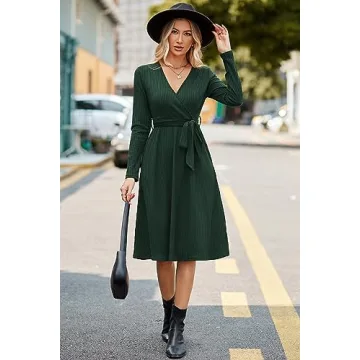 2024 Fall Women's V-Neck Ribbed Knit Sweater Dress