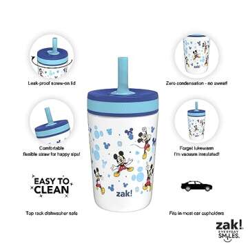 Zak Designs Disney Kelso Toddler Cups For Travel or At Home, 12oz Vacuum Insulated Stainless Steel Sippy Cup With Leak-Proof Design is Perfect For Kids (Mickey Mouse)