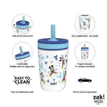 Zak Designs Disney Kelso Toddler Cups For Travel or At Home, 12oz Vacuum Insulated Stainless Steel Sippy Cup With Leak-Proof Design is Perfect For Kids (Mickey Mouse)