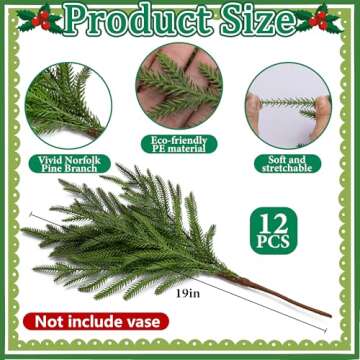 15 Pcs Christmas Norfolk Pine Branches with Red Berry Stems- 19" Extra Long Fake Greenery Norfolk Pi...