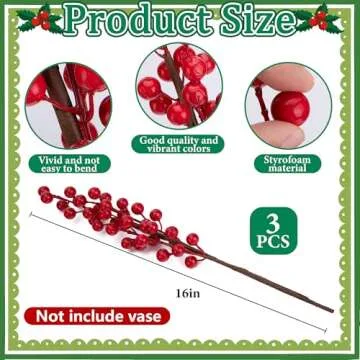 15 Pcs Christmas Norfolk Pine Branches with Red Berry Stems- 19" Extra Long Fake Greenery Norfolk Pine Stems Sprigs- Artificial Xmas Branches Plants Pine Leaves for DIY Craft Garland Home Decor