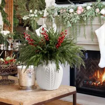 15 Pcs Christmas Norfolk Pine Branches with Red Berry Stems- 19" Extra Long Fake Greenery Norfolk Pine Stems Sprigs- Artificial Xmas Branches Plants Pine Leaves for DIY Craft Garland Home Decor