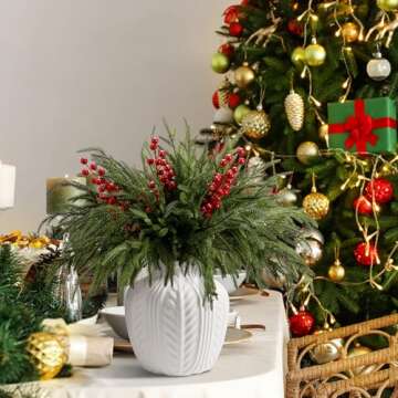 15 Pcs Christmas Norfolk Pine Branches with Red Berry Stems- 19" Extra Long Fake Greenery Norfolk Pine Stems Sprigs- Artificial Xmas Branches Plants Pine Leaves for DIY Craft Garland Home Decor