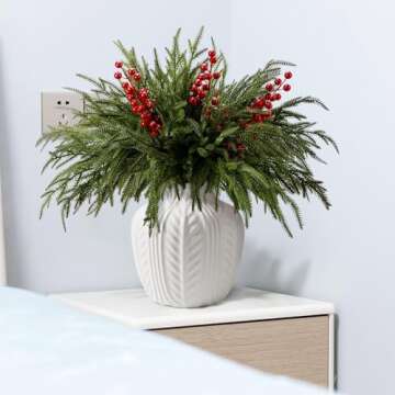 15 Pcs Christmas Norfolk Pine Branches with Red Berry Stems- 19" Extra Long Fake Greenery Norfolk Pine Stems Sprigs- Artificial Xmas Branches Plants Pine Leaves for DIY Craft Garland Home Decor