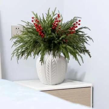 15 Pcs Christmas Norfolk Pine Branches with Red Berry Stems- 19" Extra Long Fake Greenery Norfolk Pine Stems Sprigs- Artificial Xmas Branches Plants Pine Leaves for DIY Craft Garland Home Decor