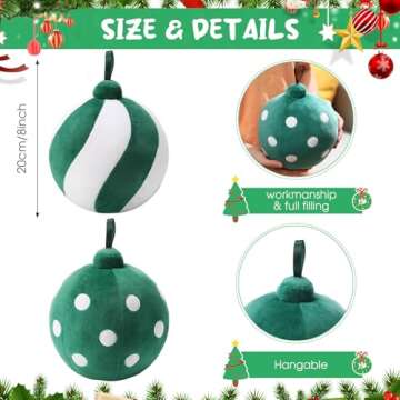 Lineshading 2 Pcs Christmas Ball Pillows 7 Inch Round Xmas Throw 3D Christmas Shaped Pillow Cute Ball Decoration for Couch Chair Bed Living Room(Stripes Dots,Green and White)