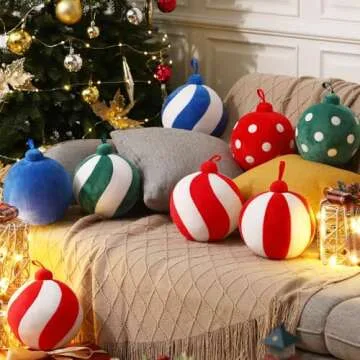 Lineshading 2 Pcs Christmas Ball Pillows 7 Inch Round Xmas Throw 3D Christmas Shaped Pillow Cute Ball Decoration for Couch Chair Bed Living Room(Stripes Dots,Green and White)