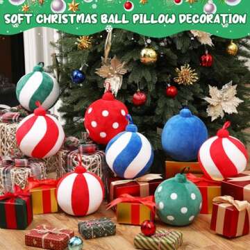 Lineshading 2 Pcs Christmas Ball Pillows 7 Inch Round Xmas Throw 3D Christmas Shaped Pillow Cute Ball Decoration for Couch Chair Bed Living Room(Stripes Dots,Green and White)