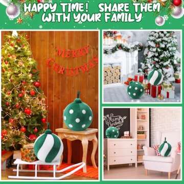 Lineshading 2 Pcs Christmas Ball Pillows 7 Inch Round Xmas Throw 3D Christmas Shaped Pillow Cute Ball Decoration for Couch Chair Bed Living Room(Stripes Dots,Green and White)