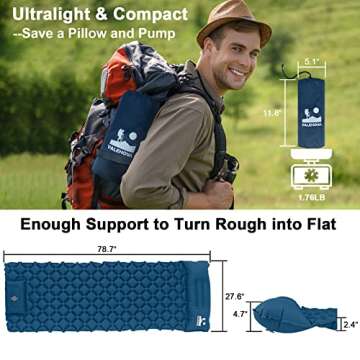 VALEHOWL 800g Ultralight Inflatable Sleeping Pad for Camping, with Foot Pump and Pillow, Compact Cam...
