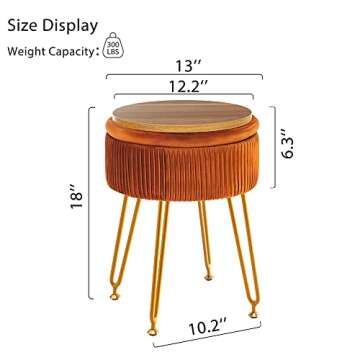 Velvet Storage Ottoman Foot Rest, Upholstered Pleated Round Footrest Vanity Stool With Metal Legs, Coffee Table Top Cover, Modern Accent Stools,Makeup Footstool, Suitable For Living Room And Bedroom