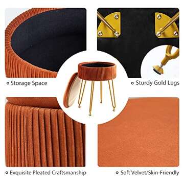 Velvet Storage Ottoman Foot Rest, Upholstered Pleated Round Footrest Vanity Stool With Metal Legs, Coffee Table Top Cover, Modern Accent Stools,Makeup Footstool, Suitable For Living Room And Bedroom