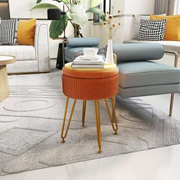 Velvet Storage Ottoman Foot Rest, Upholstered Pleated Round Footrest Vanity Stool With Metal Legs, Coffee Table Top Cover, Modern Accent Stools,Makeup Footstool, Suitable For Living Room And Bedroom