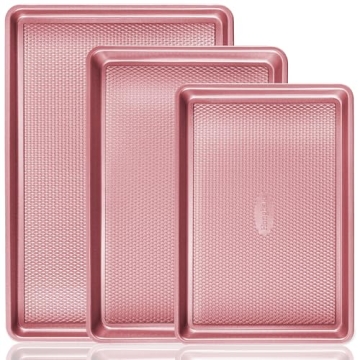 HONGBAKE Baking Sheet Pan Set - Nonstick Cookie Sheets with Diamond Texture, Heavy Duty, Pink