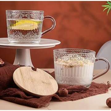 DONYU 2 Pack 14.5 oz Glass Coffee Mug with Lid,Premium Drinking Glasses Tumblers, Vintage Glassware ...