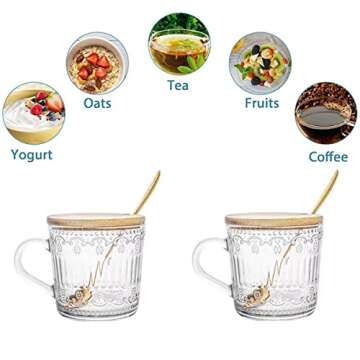 DONYU 2 Pack 14.5 oz Glass Coffee Mug with Lid,Premium Drinking Glasses Tumblers, Vintage Glassware Set for coffee, Juice, Beverages (Clear)