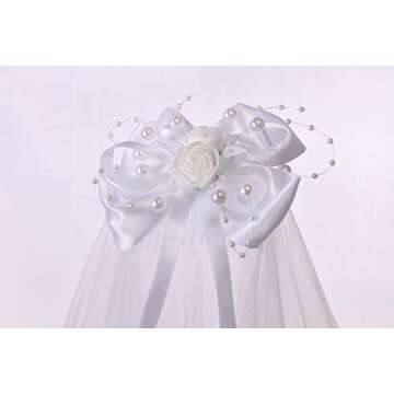 Colorful House Flower Girls White First Communion Veil Headband with Bow (60cm/24 inch, Bead bowknot)