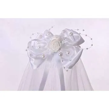 Colorful House Flower Girls White First Communion Veil Headband with Bow (60cm/24 inch, Bead bowknot)