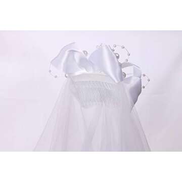 Colorful House Flower Girls White First Communion Veil Headband with Bow (60cm/24 inch, Bead bowknot)