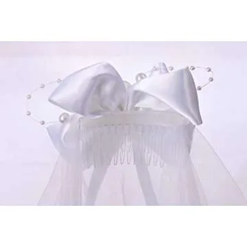 Colorful House Flower Girls White First Communion Veil Headband with Bow (60cm/24 inch, Bead bowknot)