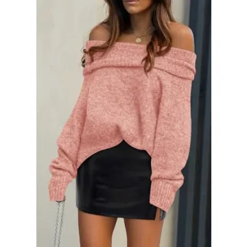 PRETTYGARDEN Women's Sweaters Spring Off The Shoulder Long Sleeve Top 2025 Outfits Loose Knitted Winter Pullover(Pink,Medium)