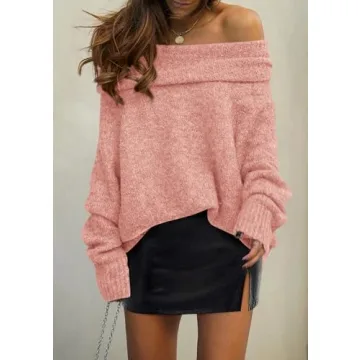 PRETTYGARDEN Women's Sweaters Spring Off The Shoulder Long Sleeve Top 2025 Outfits Loose Knitted Winter Pullover(Pink,Medium)
