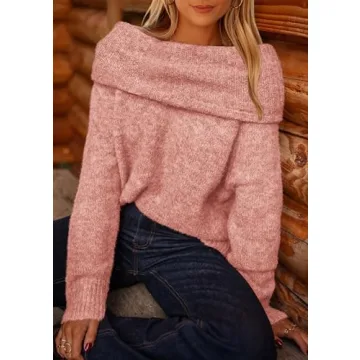 PRETTYGARDEN Women's Sweaters Spring Off The Shoulder Long Sleeve Top 2025 Outfits Loose Knitted Winter Pullover(Pink,Medium)