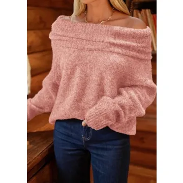 PRETTYGARDEN Women's Sweaters Spring Off The Shoulder Long Sleeve Top 2025 Outfits Loose Knitted Winter Pullover(Pink,Medium)