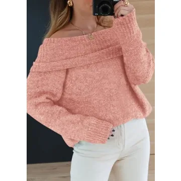 PRETTYGARDEN Women's Sweaters Spring Off The Shoulder Long Sleeve Top 2025 Outfits Loose Knitted Winter Pullover(Pink,Medium)