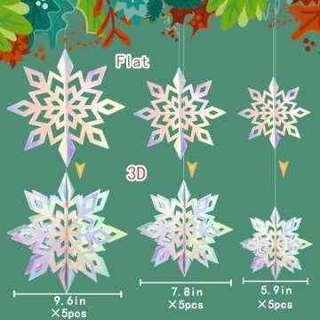 GuassLee Christmas Hanging Snowflakes Decorations Clearance 15pcs 3D Iridescent Paper Snowflakes Snow Flakes Garland for Winter Wonderland Frozen Christmas Birthday Party Decorations