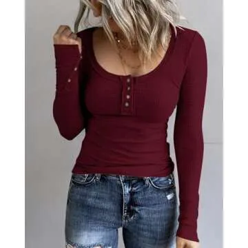 KINLONSAIR Women’s Long Sleeve Henley Tops in Burgundy