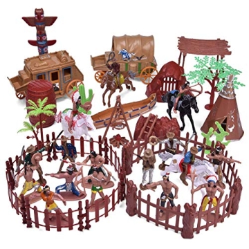 FUN LITTLE TOYS 61 PCs Wild West Cowboys and Indians Plastic Figures Toys, Toy Soldiers for Kids, Wi...