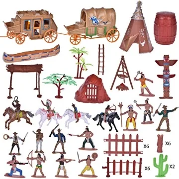 61 PCs Wild West Cowboys and Indians Toy Figure Set for Kids