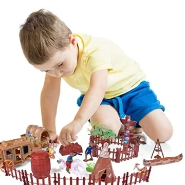 61 PCs Wild West Cowboys and Indians Toy Figure Set for Kids