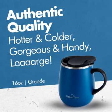 GRANDTIES Insulated Coffee Mug with Handle - Sliding Lid for Splash-Proof 16 oz Wine Glass Shape The...