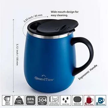 GRANDTIES Insulated Coffee Mug with Handle - Sliding Lid for Splash-Proof 16 oz Wine Glass Shape Thermos Tumbler with Double Walled Vacuum Stainless Steel to Keeps Beverages Hot or Cold - Cobalt Blue