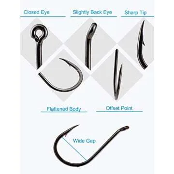 Beoccudo Fishing Hooks Freshwater Saltwater Fishing Gear Fishing Tackle Large Size Set, Worm Soft Bait Jig Fishhooks, Size 22 20 18 16 14 12 10 6