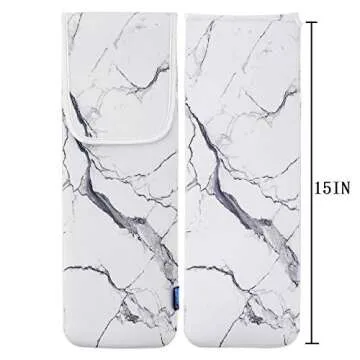 Bluecell Heat Resistant Neoprene Curling Iron Holder Cover Bag Flat Iron Curling Wand Travel Case Pouch 15 x 5 Inches,White Marble Pattern