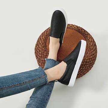 TUOPIN Womens Synthetic Leather Slip On Shoes,Padded Collar Slip on Sneakers for Women,Casual Loafers Walking Shoes(Black.US10)