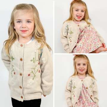 Simplee kids Baby Sweater Toddler Girls Cardigan Sweater Embroidered Strawberry Knit Sweater Beige 2-3Years