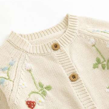 Simplee kids Baby Sweater Toddler Girls Cardigan Sweater Embroidered Strawberry Knit Sweater Beige 2-3Years