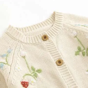 Simplee kids Baby Sweater Toddler Girls Cardigan Sweater Embroidered Strawberry Knit Sweater Beige 2-3Years