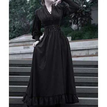 Scarlet Darkness Women Victorian Blouse Button Down V Neck Shirt Ruffle Top 79-Black M