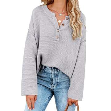 Saodimallsu Women's Oversized Sweaters Batwing Long Sleeve Loose V Neck Button Henley Tops Pullover Knit Jumper Gray