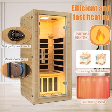 Infrared Home Sauna Room 1 Person Hemlock Wooden Indoor Dry Sauna，Low EMF 1200W/110V Heaters Panels,LCD Control Panel,10 Minutes Pre-Warm up,Time and Temp Pre-Set,1-Year Aftersale