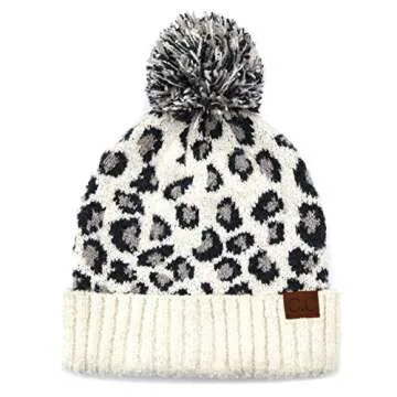 C.C Exclusives Leopard Pattern Beanie with Fur Pom - Winter Essentials for All Ages